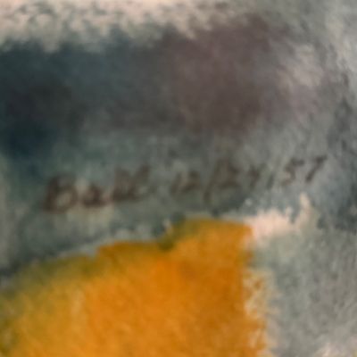 Artist's signature reading 'Ball' and date '12/27/57' on an original watercolor painting.