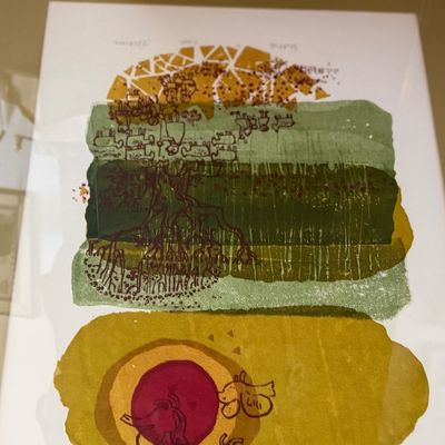 Abstract mid-century style art print featuring layered earth-tone shapes and stylized animal figures.