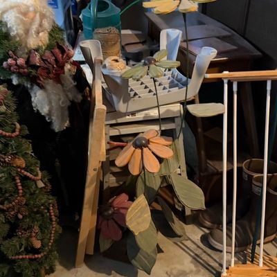 Sale Photo Thumbnail #171: Collection of assorted home decor, Christmas decorations, folding pet or safety gates, and garden stakes.