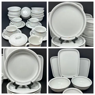 Sale Photo Thumbnail #128: Vintage white ceramic dinnerware set featuring subtle grey rim banding and colorful geometric square accents, including plates, bowls, cups, saucers, and serving platters.
