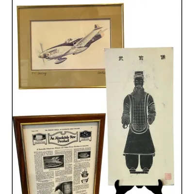 Sale Photo Thumbnail #177: Collection of three framed and unframed art pieces, including an airplane illustration, a framed vintage Crisco magazine advertisement, and a Asian terracotta warrior rubbing print on a stand.