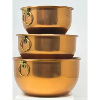 Sale Photo Thumbnail #215: Set of three vintage polished copper mixing bowls, stacked, featuring brass ring handles for hanging.