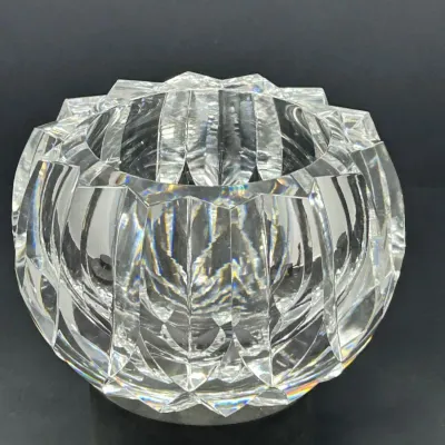 Sale Photo Thumbnail #130: Heavy cut crystal lotus bowl or votive holder with geometric facets.