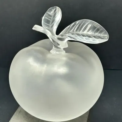 Sale Photo Thumbnail #16: Lalique-style frosted art glass apple paperweight featuring clear glass stem and leaves.