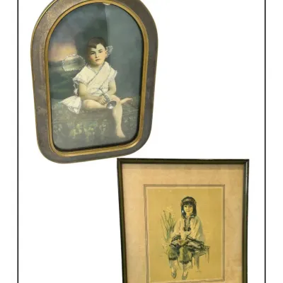 Sale Photo Thumbnail #106: Pair of framed vintage art prints, including a domed-frame portrait of an angelic child with a trumpet and a matted portrait of a young girl in traditional dress.