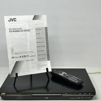 Sale Photo Thumbnail #74: Black JVC XV-N50BK DVD video player with matching remote control and instruction manual.