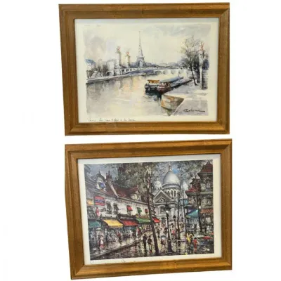 Sale Photo Thumbnail #144: Pair of framed mid-century art prints featuring Parisian streetscapes, including views of the Seine with the Eiffel Tower and Montmartre, housed in matching wooden frames.