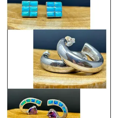 Sale Photo Thumbnail #176: Collection of sterling silver earrings featuring square turquoise grid stud earrings, thick polished hoop earrings, and curved studs set with synthetic opal inlay and teardrop purple stones.