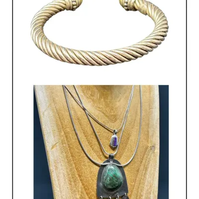 Sale Photo Thumbnail #180: Selection of sterling silver jewelry, including a twisted torque cuff bracelet and two artisan pendant necklaces featuring stone and spiny oyster shell accents.