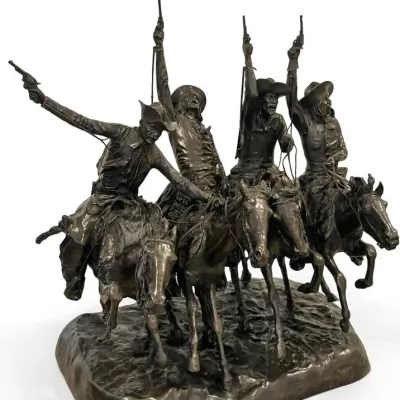 Sale Photo Thumbnail #5: Bronze sculpture after Frederic Remington's "Coming Through the Rye," depicting four cowboys galloping on horseback with handguns raised.