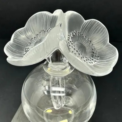 Sale Photo Thumbnail #24: Lalique-style clear crystal perfume bottle featuring a large frosted glass double anemone flower stopper.