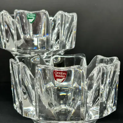 Sale Photo Thumbnail #57: Pair of vintage Orrefors Sweden crystal crown votive candle holders with original labels intact.