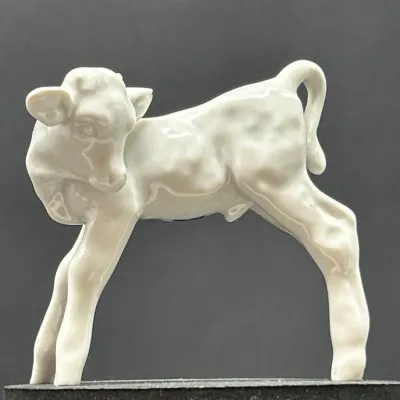 Sale Photo Thumbnail #89: Glossy off-white porcelain calf figurine with detailed anatomical sculpting, shown on a dark base.