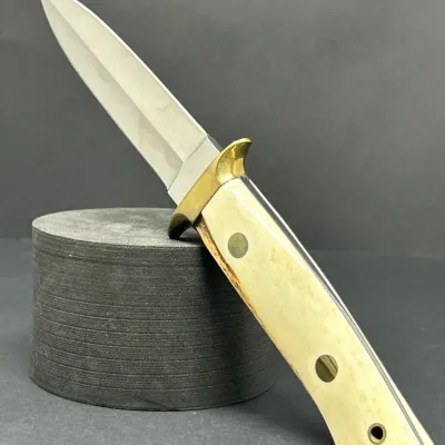 Sale Photo Thumbnail #21: Fixed-blade dagger featuring a polished stainless steel blade, brass handguard, and bone or smooth antler handle scales secured with brass pins.
