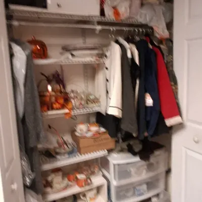 Sale Photo Thumbnail #65: Closet filled with various household goods, autumnal decor, tea sets, plastic storage drawers, and hung jackets.