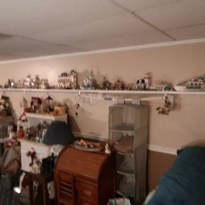 Sale Photo Thumbnail #109: A room featuring long floating wall shelves filled with assembled building block sets and various collectibles, alongside additional household items and furniture.