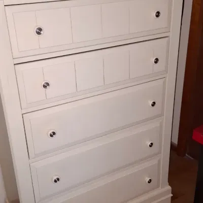 Sale Photo Thumbnail #20: Off-white modern five-drawer tallboy chest with silver hardware.