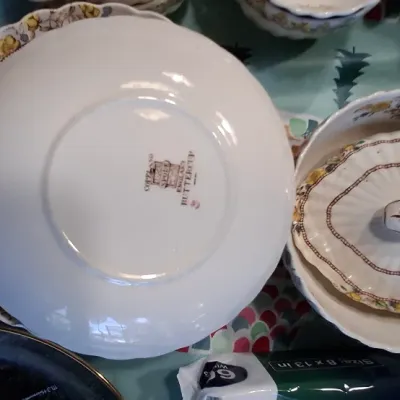 Sale Photo Thumbnail #42: Vintage Copeland Spode Buttercup pattern chinaware, including plates and a covered serving dish with fluted detail.