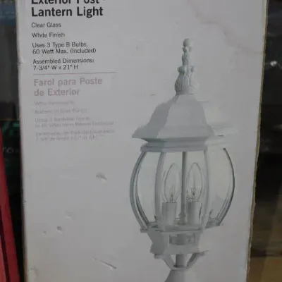 Hampton Bay Classic Collection exterior post lantern light in original box, featuring a white finish and clear glass panels.