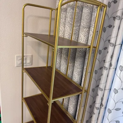 Sale Photo Thumbnail #136: Gold Tone Collapsible Bookcase with Wood Shelves
