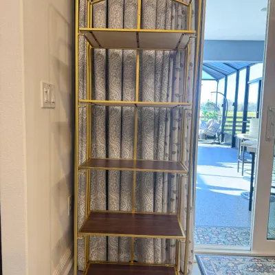 Sale Photo Thumbnail #134: Gold Tone Collapsible Bookcase with Wood Shelves