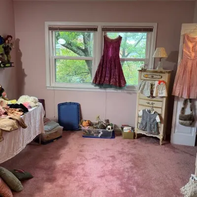 Sale Photo Thumbnail #24: vintage dresses, French Provincial style furniture, plush toys, and assorted linens.