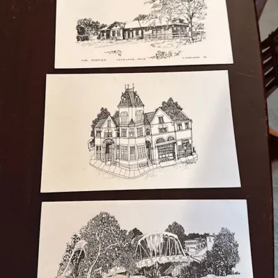 Sale Photo Thumbnail #33: Trio of black-and-white architectural line drawing art prints depicting historic buildings and landmarks, including 'The Station' in Loveland, Ohio.