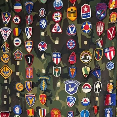 Sale Photo Thumbnail #30: Large collection of vintage military shoulder sleeve insignia and unit patches displayed on a camouflage background, including Special Forces and Merrill's Marauders designs.