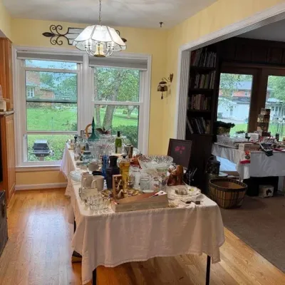 Sale Photo Thumbnail #8: assorted glassware, crystal serveware, barware, and kitchen collectibles.