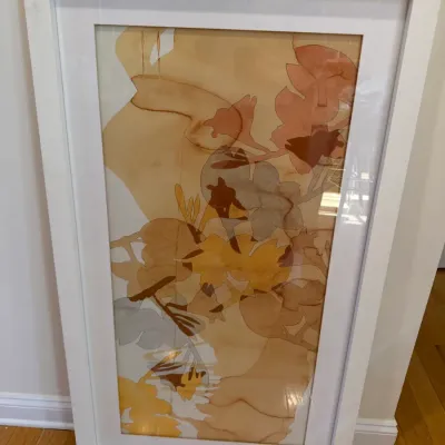 Sale Photo Thumbnail #35: Large framed abstract watercolor print featuring warm earth tones and botanical motifs in a clean white wooden frame.