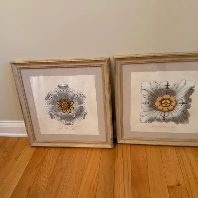 Sale Photo Thumbnail #14: Pair of framed architectural rosette prints with deckled edges and gilt-accented wooden frames.
