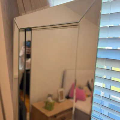 Sale Photo Thumbnail #61: Contemporary full-length mirror featuring a wide, beveled mirrored frame.