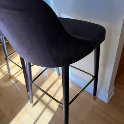 Sale Photo Thumbnail #33: Modern upholstered bar stool featuring dark plush fabric, dark tapered legs with brass ferrules, and a brass square footrest.