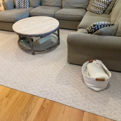 Sale Photo Thumbnail #10: Large beige geometric patterned area rug displayed under a modern sectional sofa and round coffee table in a living room.