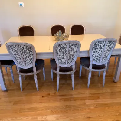 Sale Photo Thumbnail #15: French Provincial style dining table set with eight upholstered medallion-back chairs, featuring whitewashed wooden frames and velvet upholstery.