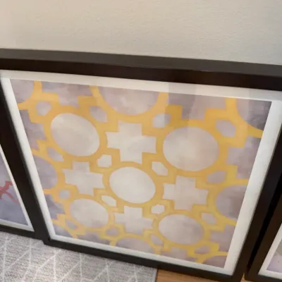 Sale Photo Thumbnail #8: Framed contemporary wall art featuring a yellow geometric trellis pattern on a muted grey watercolor background.