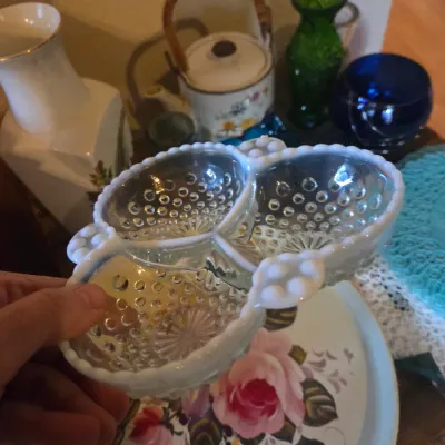Sale Photo Thumbnail #100: Vintage Fenton clear glass hobnail three-part candy dish with opalescent crimped rim.