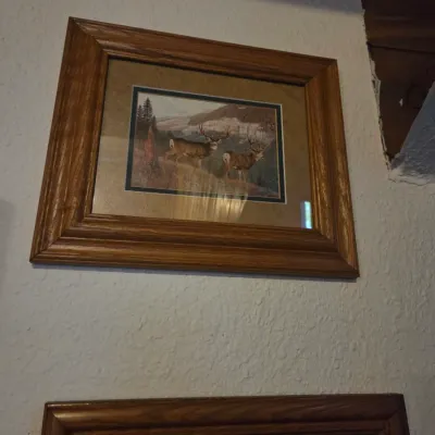 Sale Photo Thumbnail #85: Framed wildlife art print depicting two deer in a mountain landscape, presented in a thick stained wood frame with double matting.