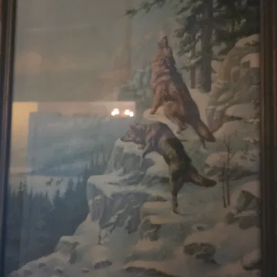 Sale Photo Thumbnail #93: Framed vintage art print depicting wolves on a snowy rocky cliff face, set within a simple wooden frame under glass.