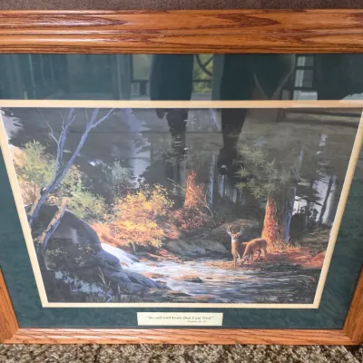 Sale Photo Thumbnail #74: Framed nature print depicting deer by a stream in a forest, featuring the scripture quote 'Be still and know that I am God,' housed in a wooden frame with a green mat.