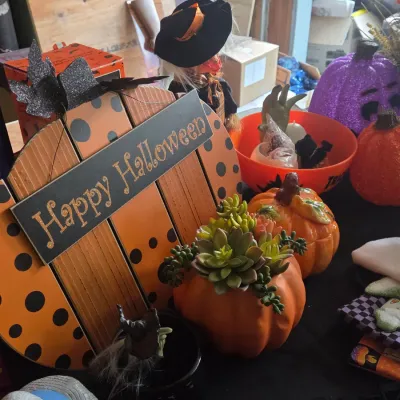 Sale Photo Thumbnail #35: Collection of Halloween decorations including a wooden polka dot pumpkin sign, faux succulent planters, a witch doll, and various orange and purple decorative pumpkins.
