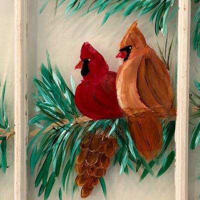 Original Hand-Painted Cardinals on Vintage Window Pane signed Renee (LR-RG