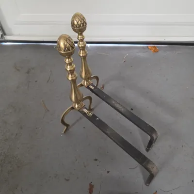 Brass Fireplace Accessories Set w/Folding Screen & Andirons (G-JS)