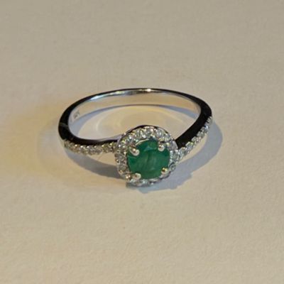 14K White Gold Emerald & Diamond Halo Ring Size 6 (K-RG)