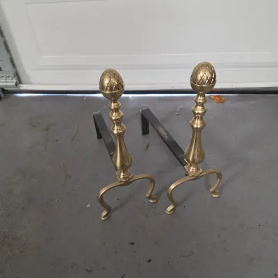 Brass Fireplace Accessories Set w/Folding Screen & Andirons (G-JS)