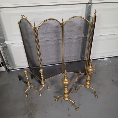Brass Fireplace Accessories Set w/Folding Screen & Andirons (G-JS)