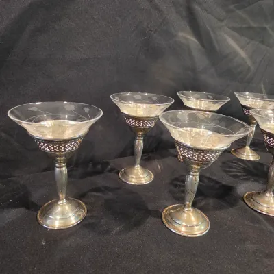 Sterling Silver & Etched Glass Cocktail Glasses (G-JS)