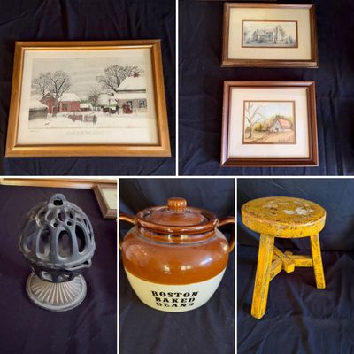 Country Home Decor - Wooden Stool, Boston Baked Bean Pot & More (LR-RG)