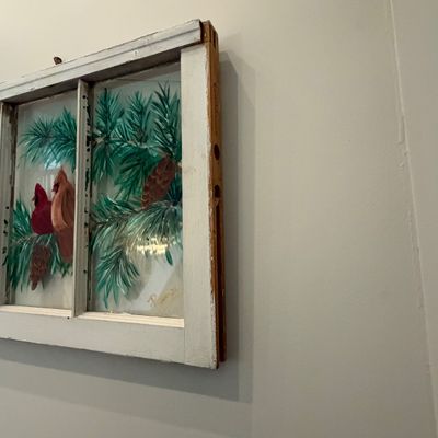 Original Hand-Painted Cardinals on Vintage Window Pane signed Renee (LR-RG