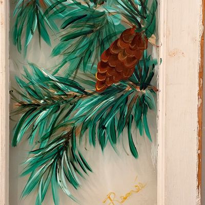 Original Hand-Painted Cardinals on Vintage Window Pane signed Renee (LR-RG